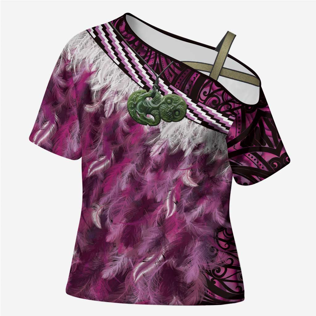 Pink Traditional Cloak Aotearoa Cross Shoulder Shirt Maori Paua Shell Korowai Pattern LT14 Female Pink - Polynesian Pride