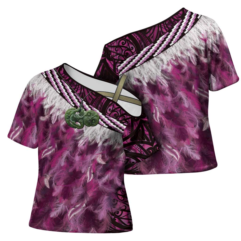Pink Traditional Cloak Aotearoa Cross Shoulder Shirt Maori Paua Shell Korowai Pattern LT14 - Polynesian Pride