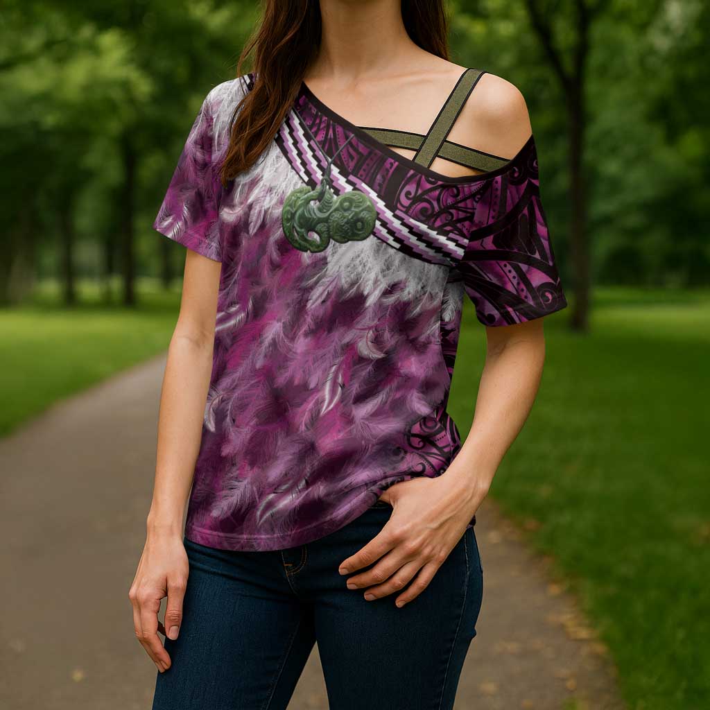 Pink Traditional Cloak Aotearoa Cross Shoulder Shirt Maori Paua Shell Korowai Pattern LT14 - Polynesian Pride