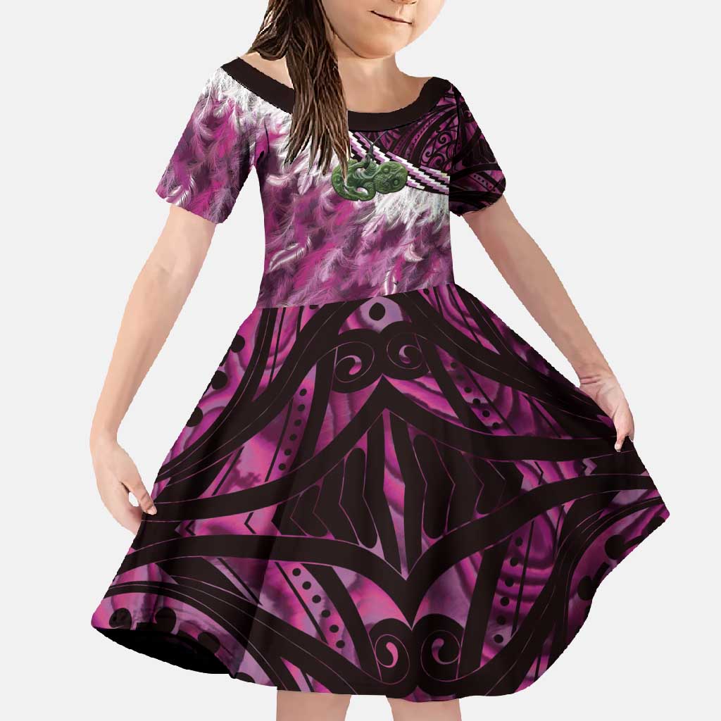 Pink Traditional Cloak Aotearoa Family Matching Mermaid Dress and Hawaiian Shirt Maori Paua Shell Korowai Pattern LT14 Daughter's Dress Pink - Polynesian Pride