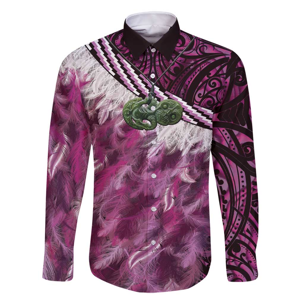 Pink Traditional Cloak Aotearoa Family Matching Mermaid Dress and Hawaiian Shirt Maori Paua Shell Korowai Pattern LT14 Dad's Shirt - Long Sleeve Pink - Polynesian Pride