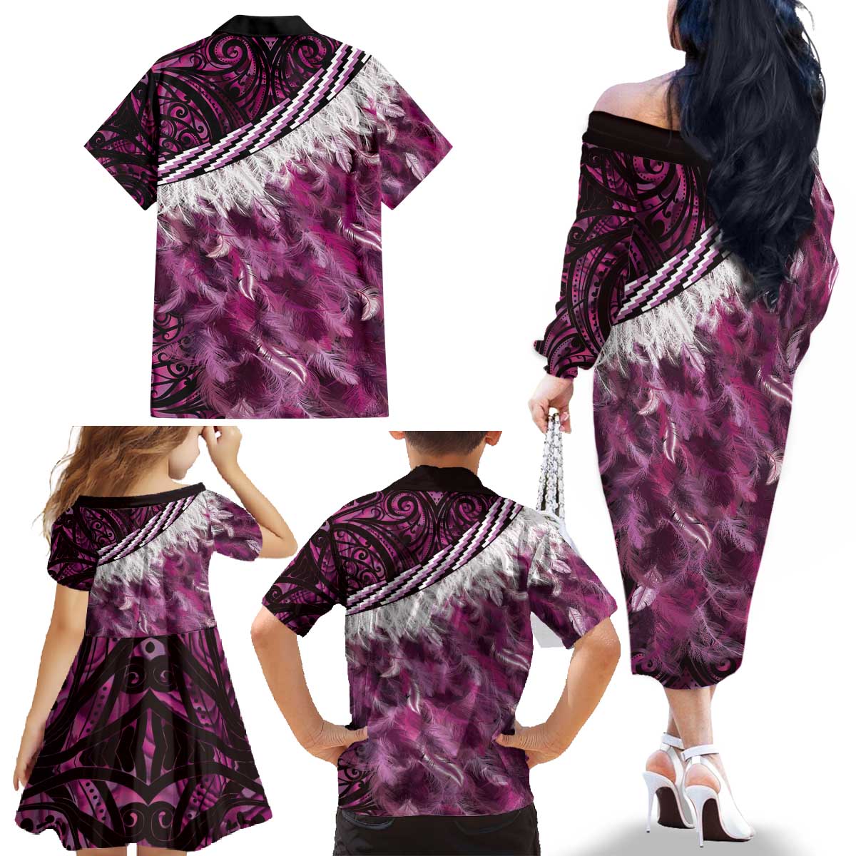 Pink Traditional Cloak Aotearoa Family Matching Off The Shoulder Long Sleeve Dress and Hawaiian Shirt Maori Paua Shell Korowai Pattern