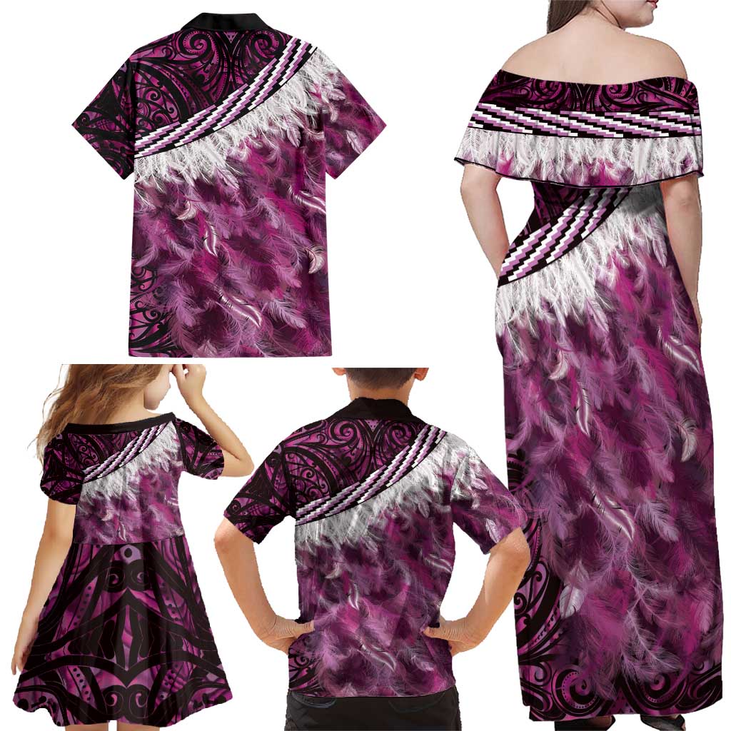 Pink Traditional Cloak Aotearoa Family Matching Off Shoulder Maxi Dress and Hawaiian Shirt Maori Paua Shell Korowai Pattern