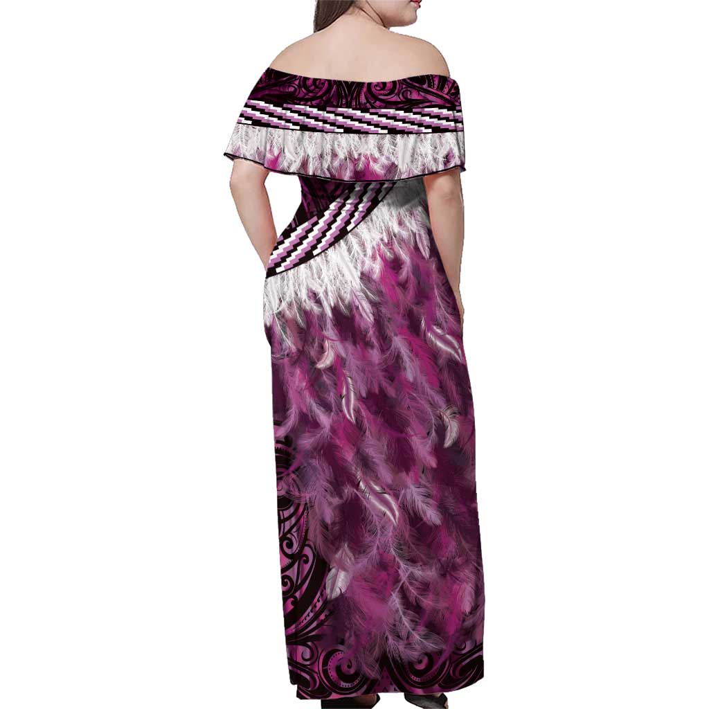 Pink Traditional Cloak Aotearoa Family Matching Off Shoulder Maxi Dress and Hawaiian Shirt Maori Paua Shell Korowai Pattern