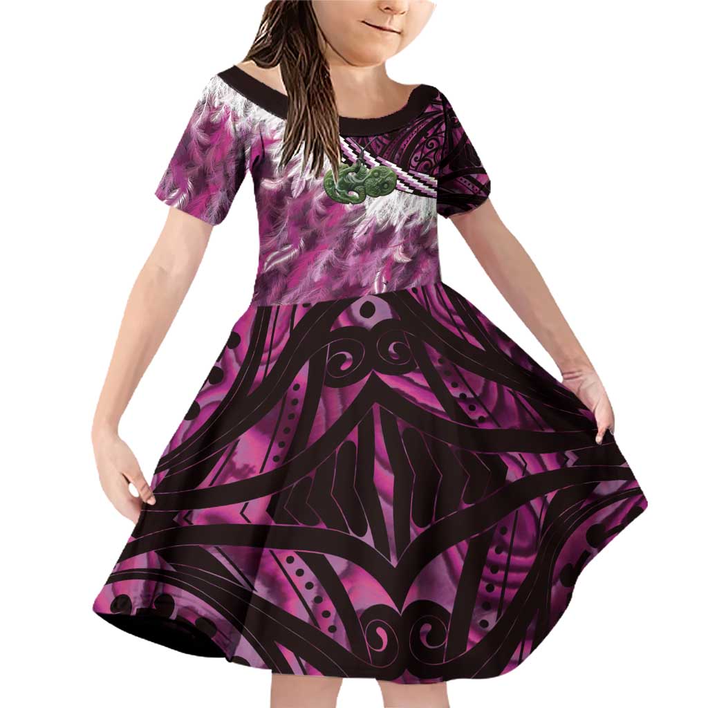 Pink Traditional Cloak Aotearoa Family Matching Off Shoulder Short Dress and Hawaiian Shirt Maori Paua Shell Korowai Pattern