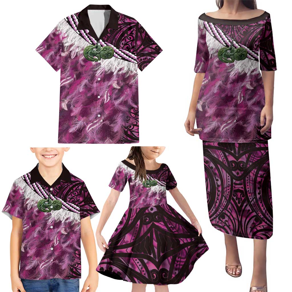 Pink Traditional Cloak Aotearoa Family Matching Puletasi and Hawaiian Shirt Maori Paua Shell Korowai Pattern
