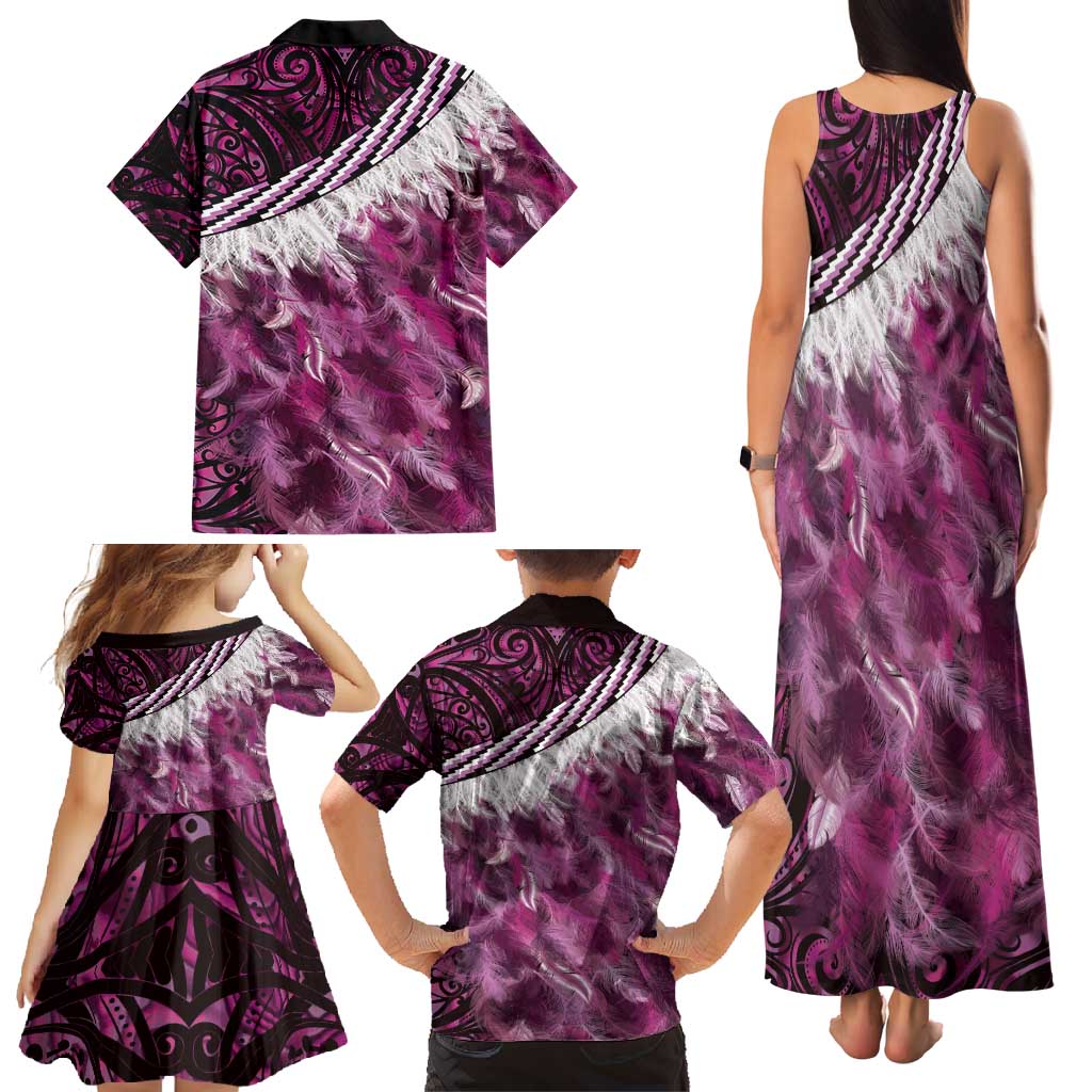 Pink Traditional Cloak Aotearoa Family Matching Tank Maxi Dress and Hawaiian Shirt Maori Paua Shell Korowai Pattern
