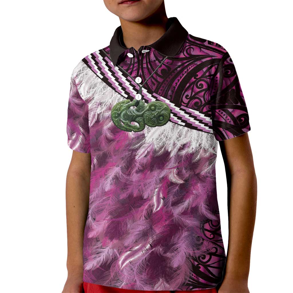Pink Traditional Cloak Aotearoa Kid Polo Shirt Maori Paua Shell Korowai Pattern LT14 Kid Pink - Polynesian Pride
