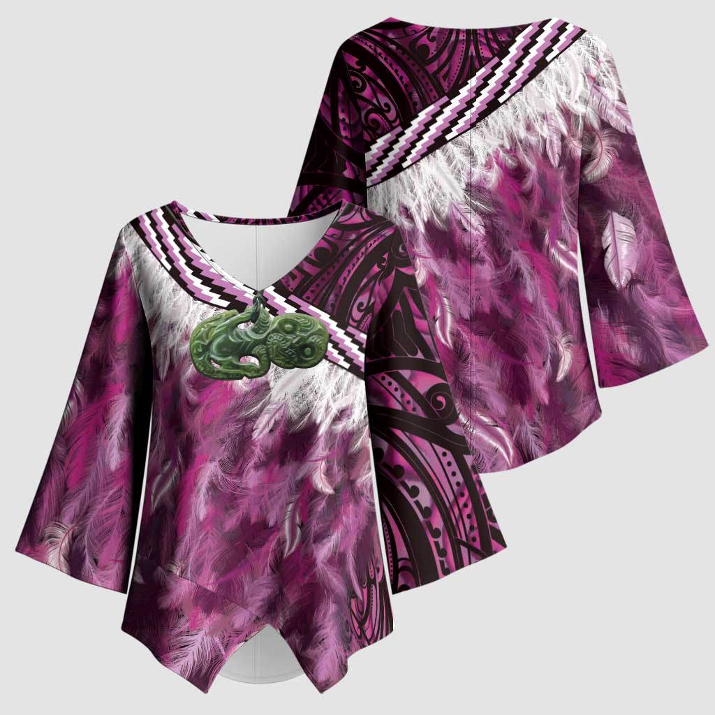 Pink Traditional Cloak Aotearoa Kimono Sleeve Blouse Maori Paua Shell Korowai Pattern - Polynesian Pride