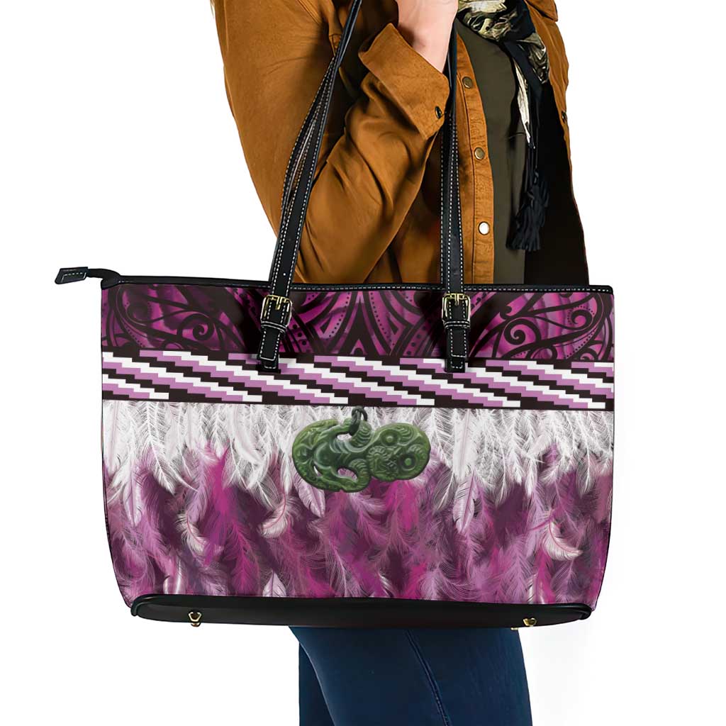 Pink Traditional Cloak Aotearoa Leather Tote Bag Maori Paua Shell Korowai Pattern