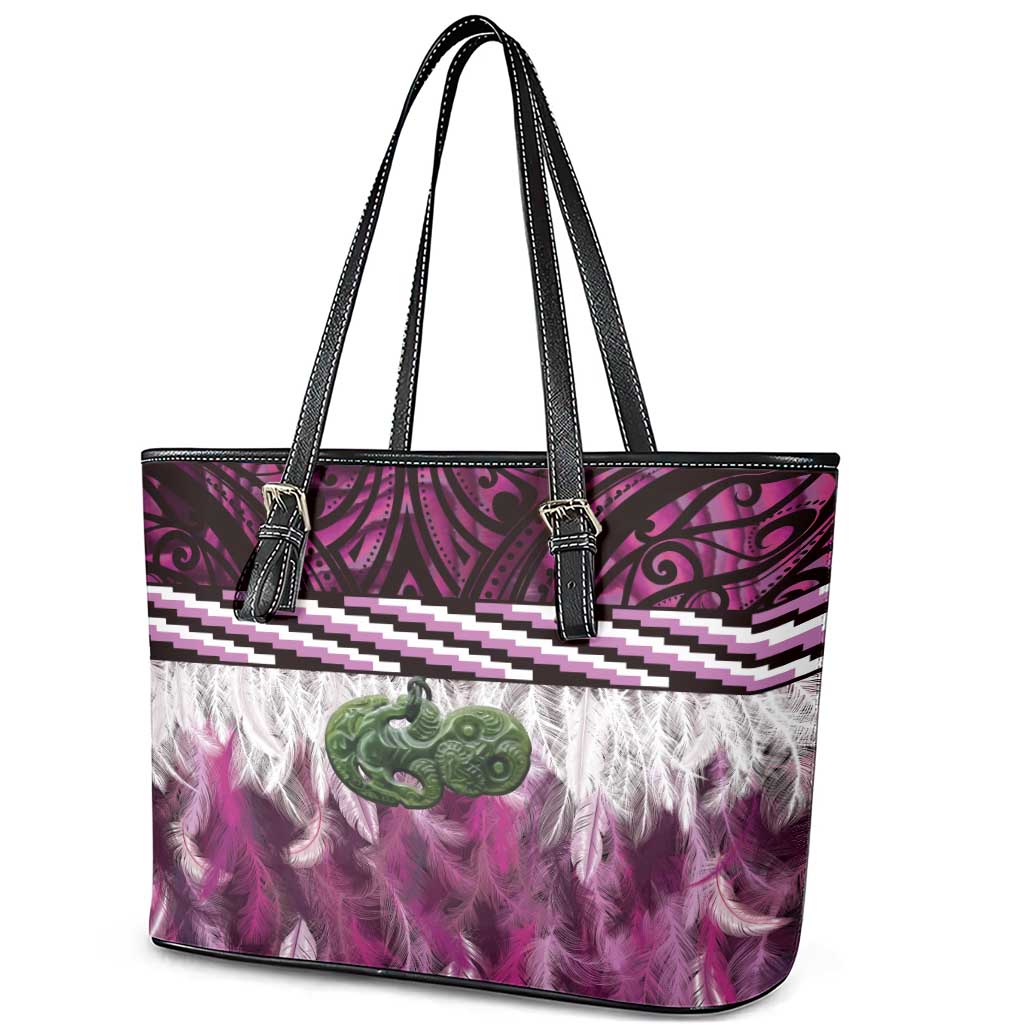 Pink Traditional Cloak Aotearoa Leather Tote Bag Maori Paua Shell Korowai Pattern