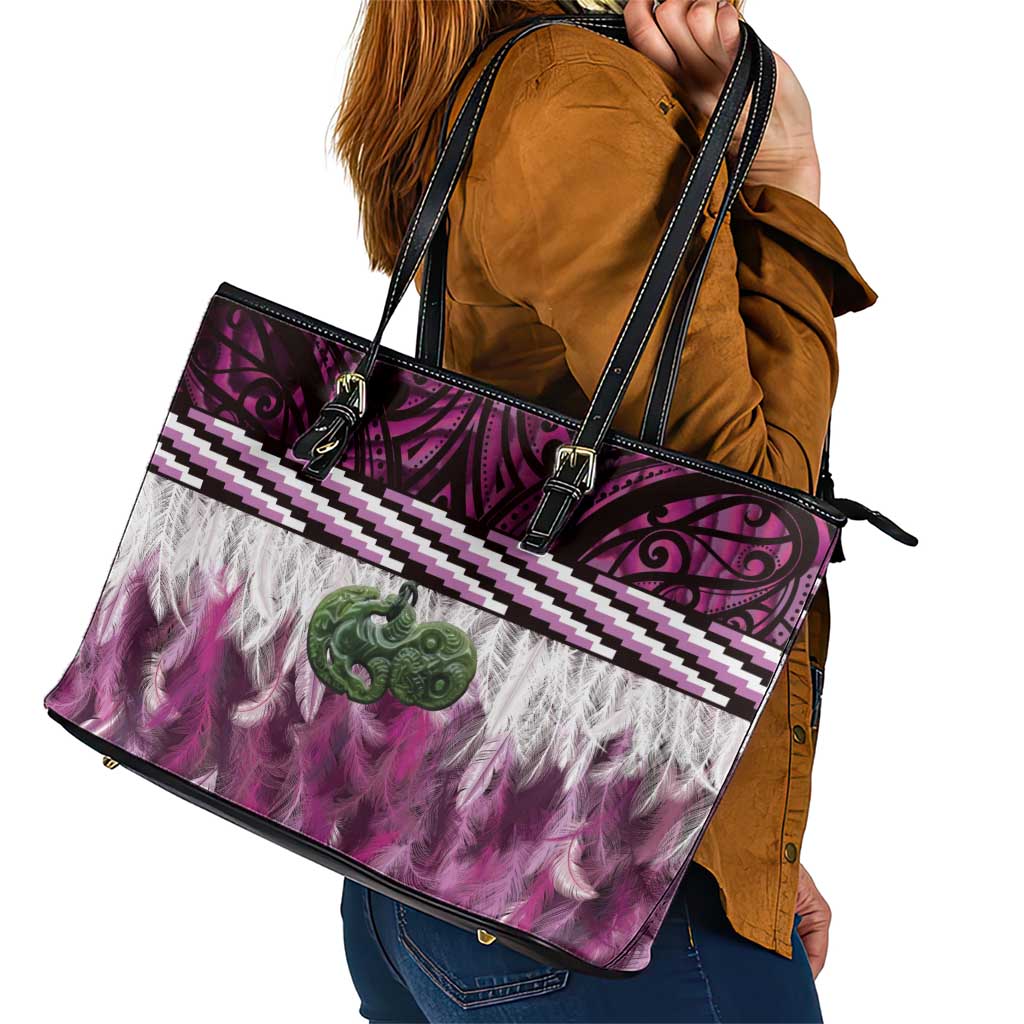 Pink Traditional Cloak Aotearoa Leather Tote Bag Maori Paua Shell Korowai Pattern