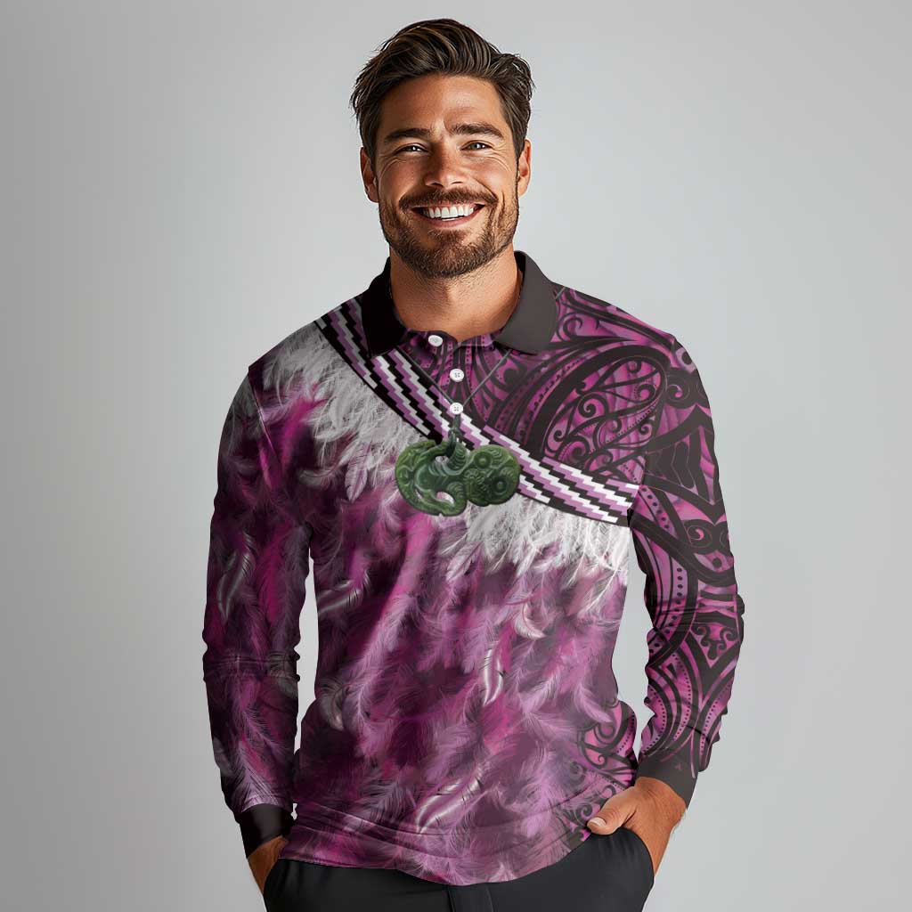Pink Traditional Cloak Aotearoa Long Sleeve Polo Shirt Maori Paua Shell Korowai Pattern
