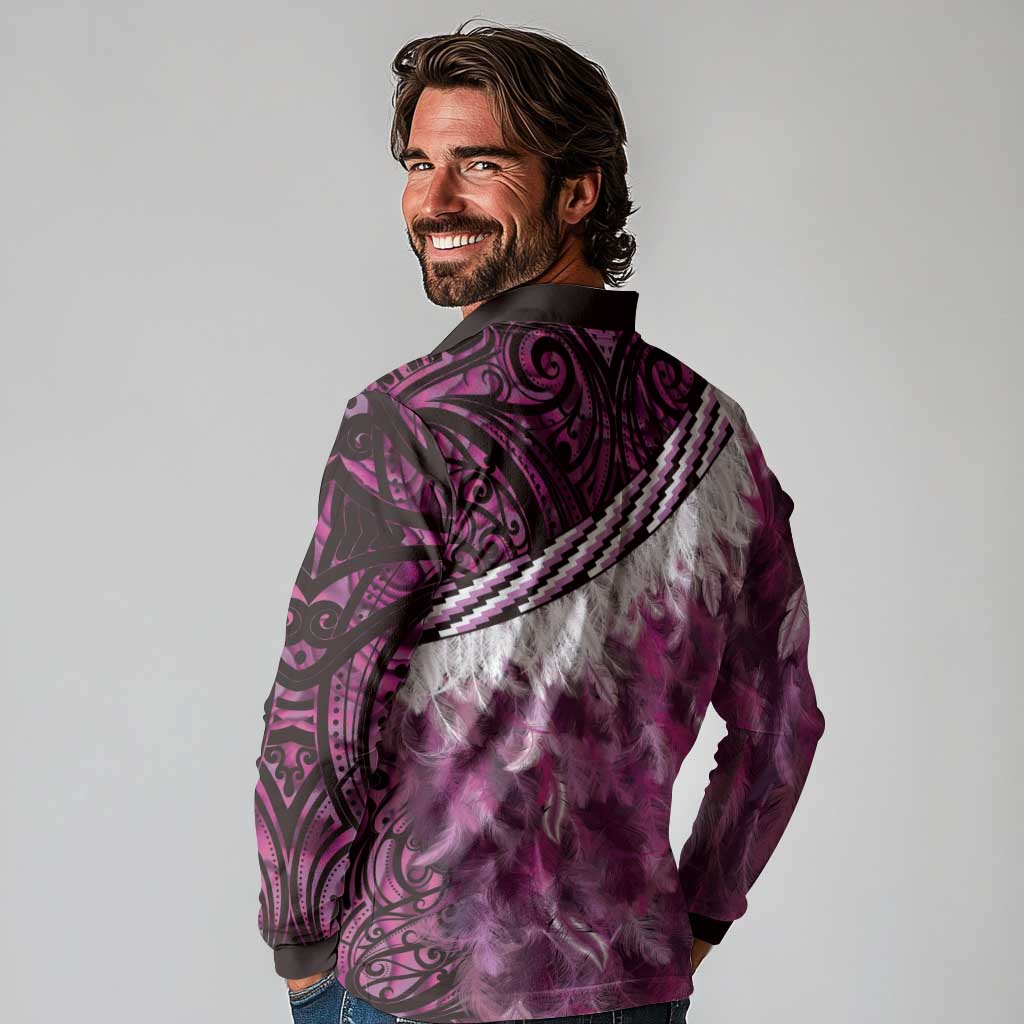Pink Traditional Cloak Aotearoa Long Sleeve Polo Shirt Maori Paua Shell Korowai Pattern