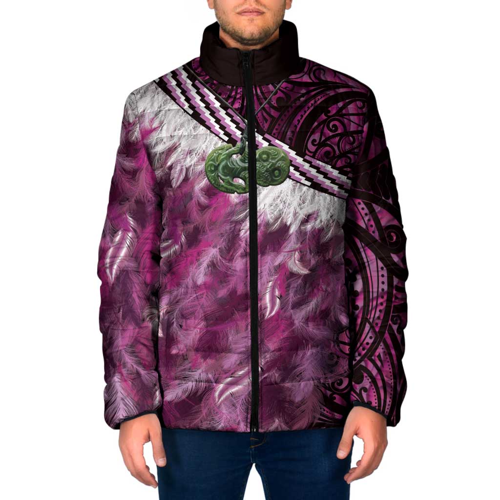 Pink Traditional Cloak Aotearoa Padded Jacket Maori Paua Shell Korowai Pattern LT14 Men Pink - Polynesian Pride