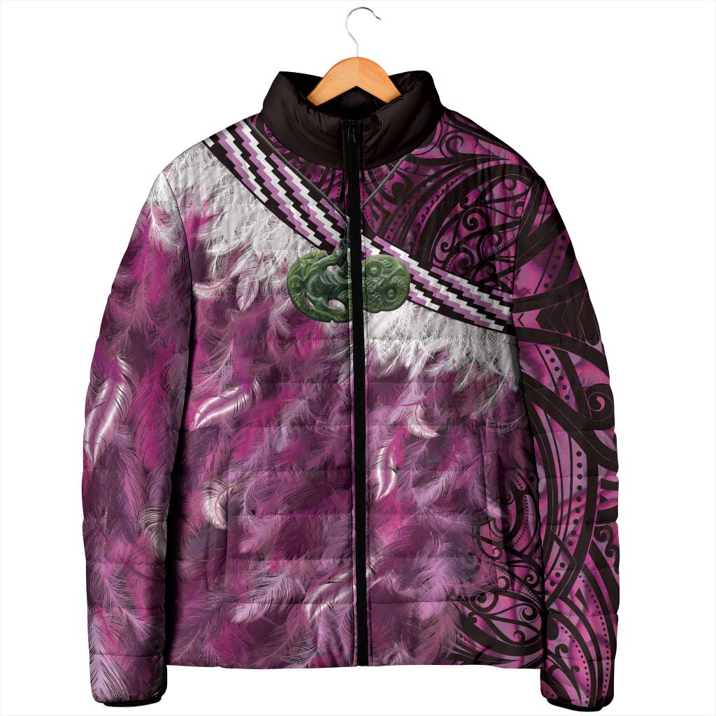 Pink Traditional Cloak Aotearoa Padded Jacket Maori Paua Shell Korowai Pattern LT14 - Polynesian Pride