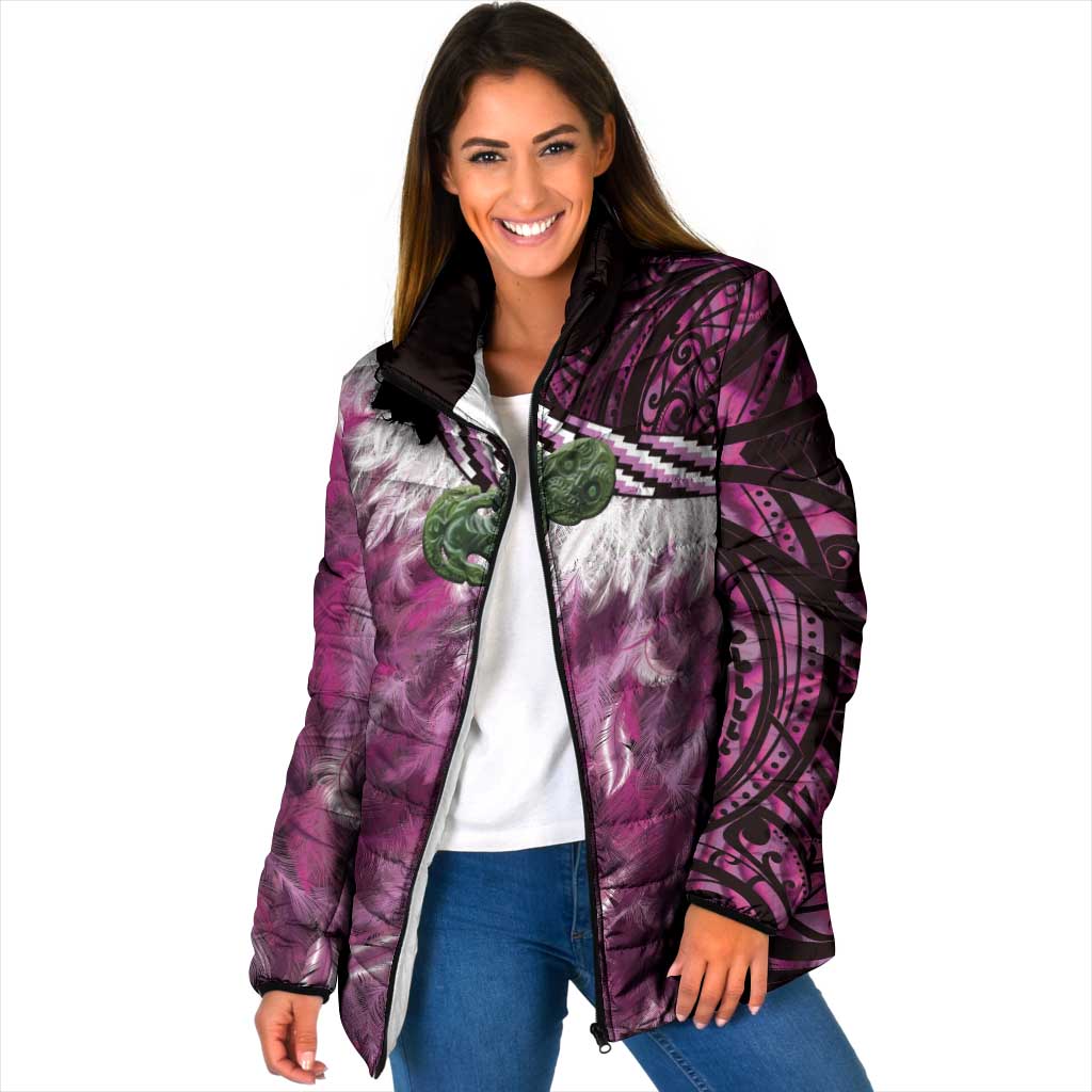 Pink Traditional Cloak Aotearoa Padded Jacket Maori Paua Shell Korowai Pattern LT14 Women Pink - Polynesian Pride
