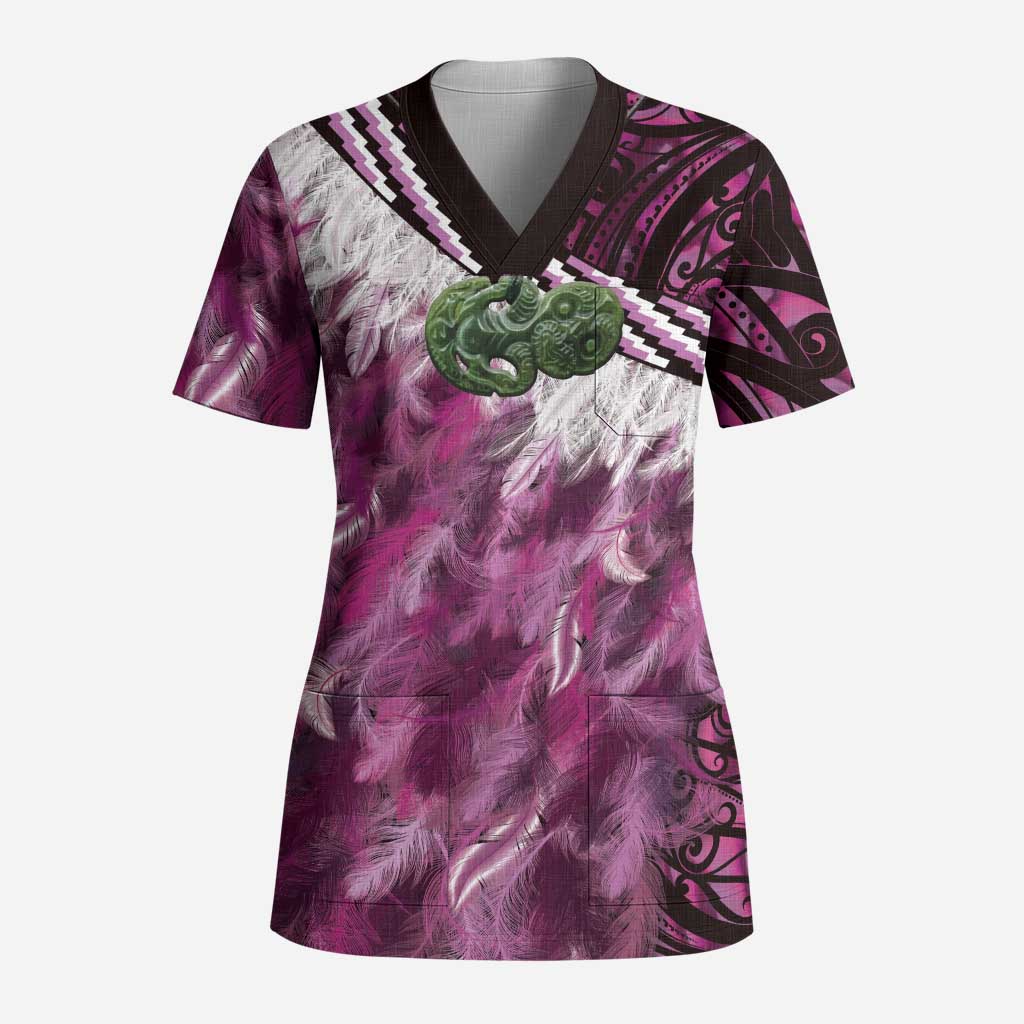 Pink Traditional Cloak Aotearoa Scrub Top Maori Paua Shell Korowai Pattern LT14 Adult Pink - Polynesian Pride
