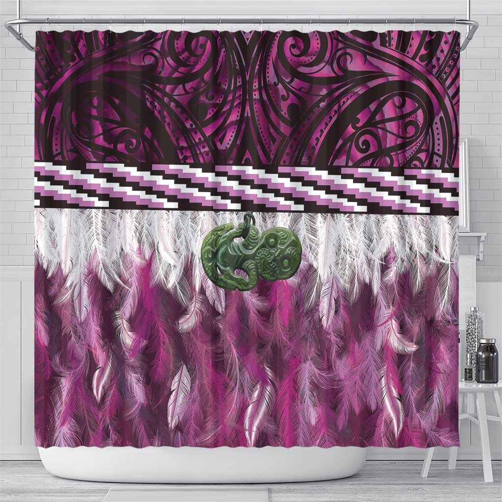 Pink Traditional Cloak Aotearoa Shower Curtain Maori Paua Shell Korowai Pattern LT14 - Polynesian Pride