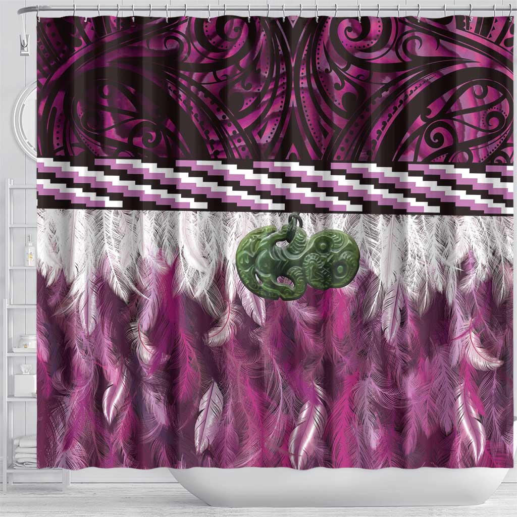 Pink Traditional Cloak Aotearoa Shower Curtain Maori Paua Shell Korowai Pattern LT14 - Polynesian Pride