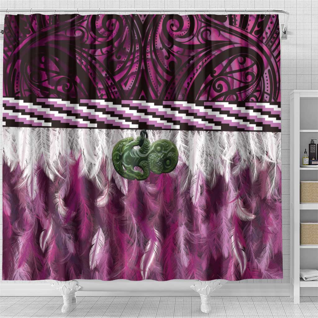 Pink Traditional Cloak Aotearoa Shower Curtain Maori Paua Shell Korowai Pattern LT14 - Polynesian Pride