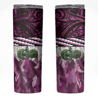 Pink Traditional Cloak Aotearoa Skinny Tumbler Maori Paua Shell Korowai Pattern