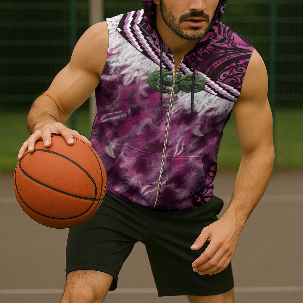 Pink Traditional Cloak Aotearoa Sleeveless Zip Hoodie Maori Paua Shell Korowai Pattern - Polynesian Pride