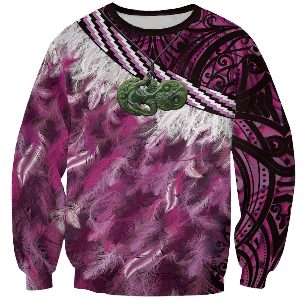 Pink Traditional Cloak Aotearoa Sweatshirt Maori Paua Shell Korowai Pattern