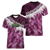Pink Traditional Cloak Aotearoa Women V-Neck T-Shirt Maori Paua Shell Korowai Pattern