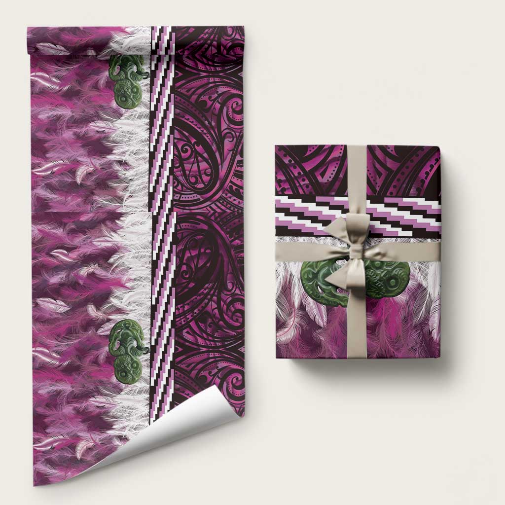 Pink Traditional Cloak Aotearoa Wrapping Paper Maori Paua Shell Korowai Pattern LT14 58" × 23" Pink - Polynesian Pride