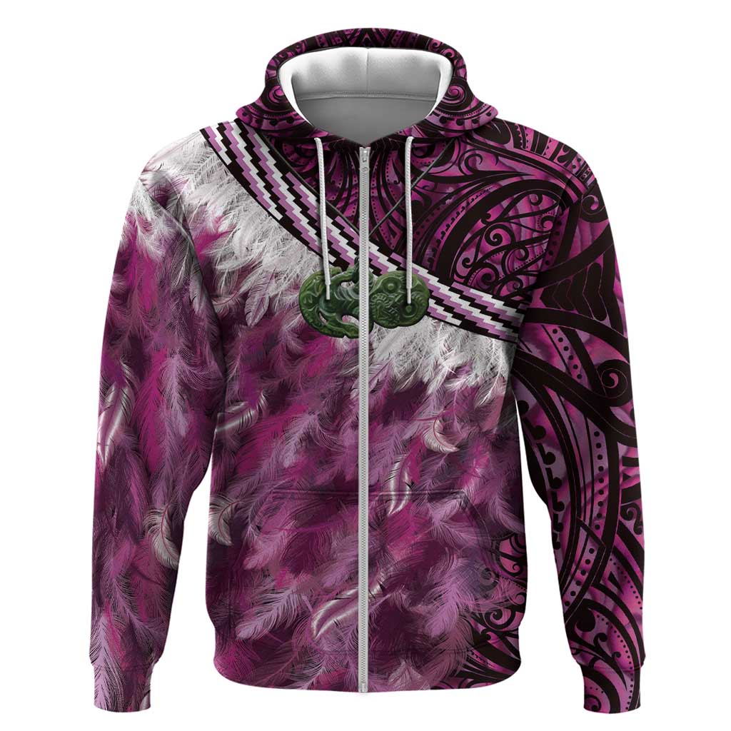 Pink Traditional Cloak Aotearoa Zip Hoodie Maori Paua Shell Korowai Pattern LT14 Zip Hoodie Pink - Polynesian Pride