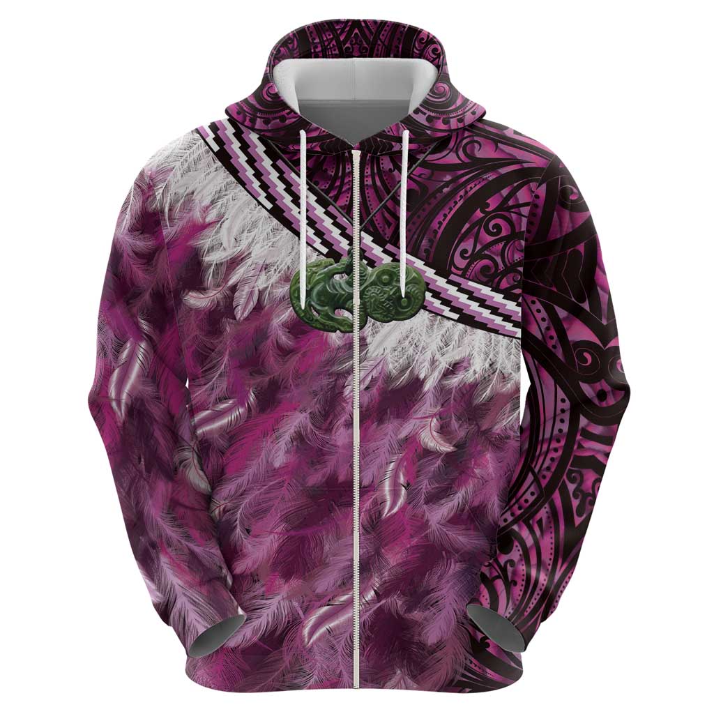 Pink Traditional Cloak Aotearoa Zip Hoodie Maori Paua Shell Korowai Pattern LT14 - Polynesian Pride
