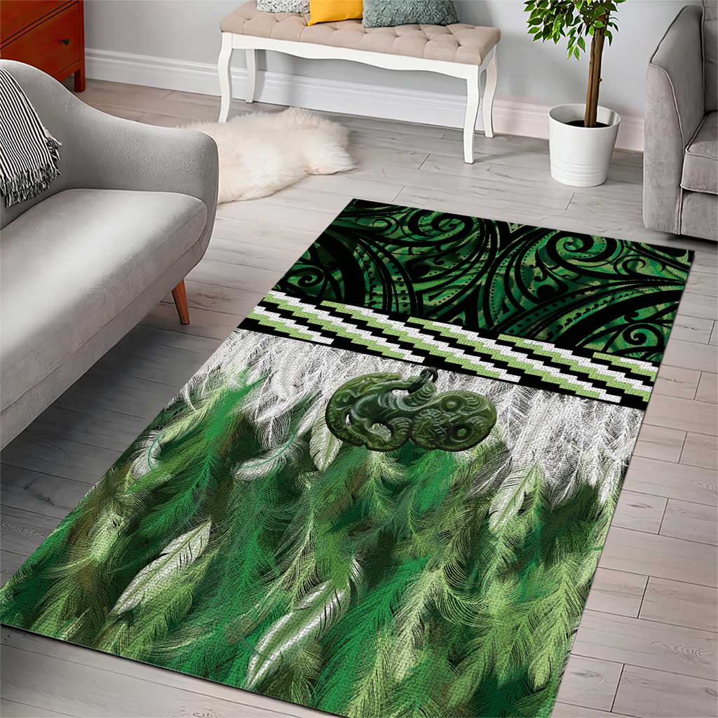 Green Traditional Cloak Aotearoa Area Rug Maori Paua Shell Korowai Pattern