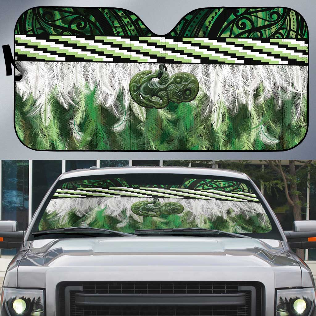 Green Traditional Cloak Aotearoa Auto Sun Shade Maori Paua Shell Korowai Pattern - Polynesian Pride