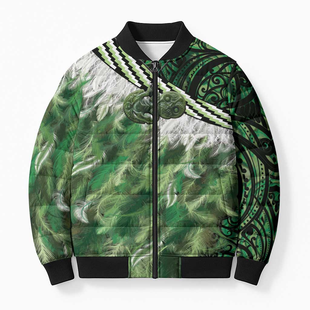 Green Traditional Cloak Aotearoa Bomber Puffer Jacket Maori Paua Shell Korowai Pattern LT14 Unisex Green - Polynesian Pride