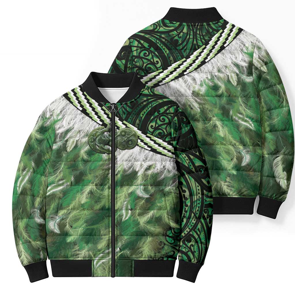 Green Traditional Cloak Aotearoa Bomber Puffer Jacket Maori Paua Shell Korowai Pattern LT14 - Polynesian Pride
