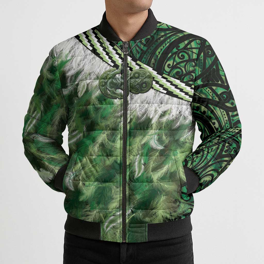 Green Traditional Cloak Aotearoa Bomber Puffer Jacket Maori Paua Shell Korowai Pattern LT14 - Polynesian Pride