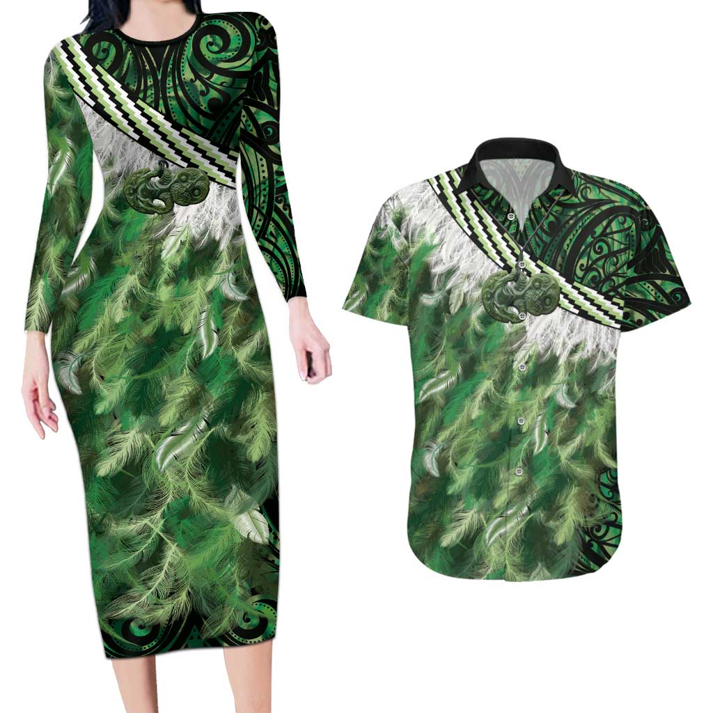 Green Traditional Cloak Aotearoa Couples Matching Long Sleeve Bodycon Dress and Hawaiian Shirt Maori Paua Shell Korowai Pattern