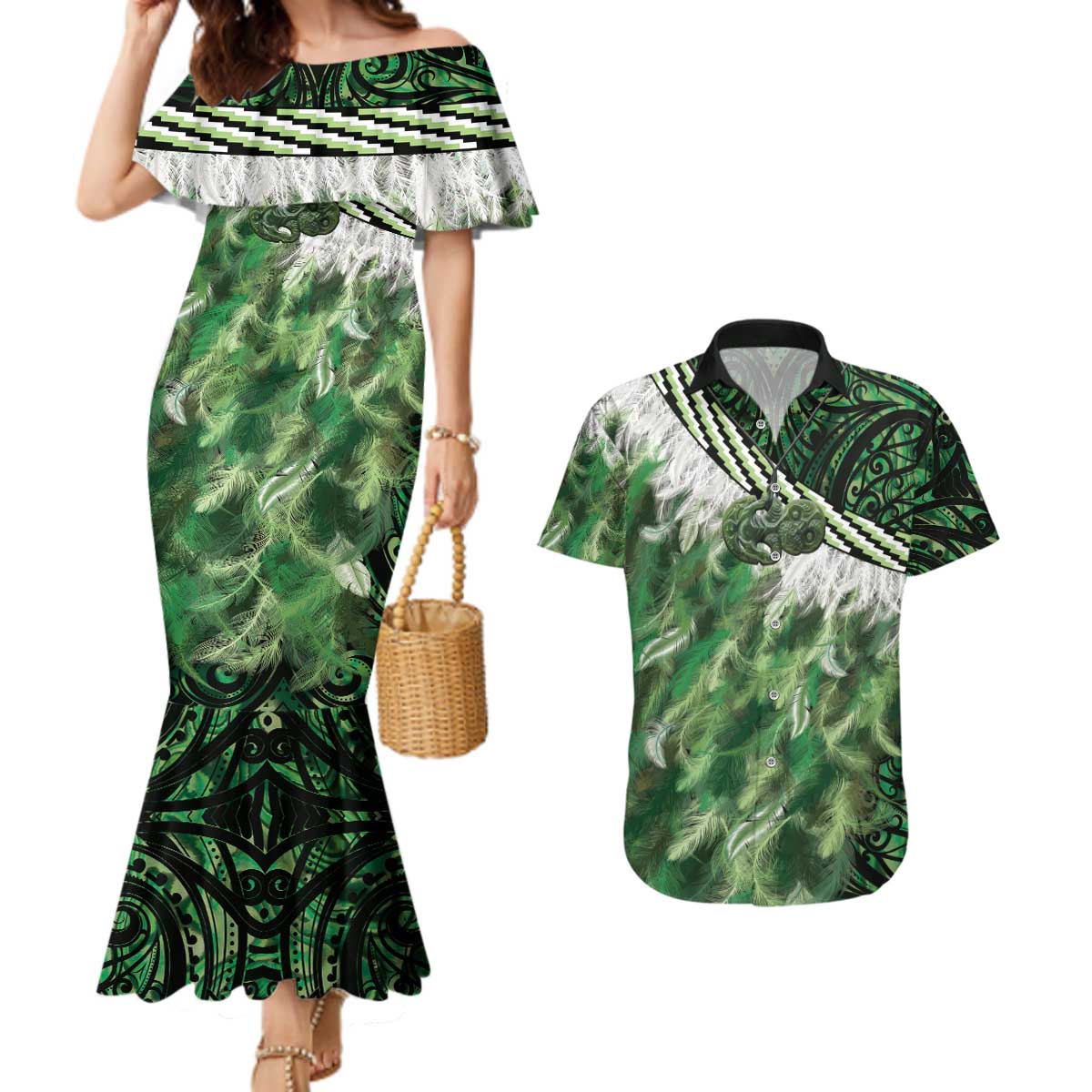 Green Traditional Cloak Aotearoa Couples Matching Mermaid Dress and Hawaiian Shirt Maori Paua Shell Korowai Pattern