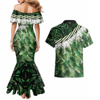 Green Traditional Cloak Aotearoa Couples Matching Mermaid Dress and Hawaiian Shirt Maori Paua Shell Korowai Pattern