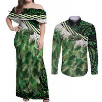 Green Traditional Cloak Aotearoa Couples Matching Off Shoulder Maxi Dress and Long Sleeve Button Shirt Maori Paua Shell Korowai Pattern LT14 Green - Polynesian Pride