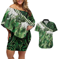 Green Traditional Cloak Aotearoa Couples Matching Off Shoulder Short Dress and Hawaiian Shirt Maori Paua Shell Korowai Pattern