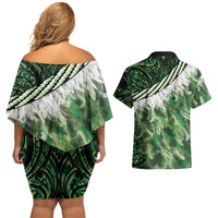 Green Traditional Cloak Aotearoa Couples Matching Off Shoulder Short Dress and Hawaiian Shirt Maori Paua Shell Korowai Pattern
