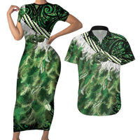 Green Traditional Cloak Aotearoa Couples Matching Short Sleeve Bodycon Dress and Hawaiian Shirt Maori Paua Shell Korowai Pattern