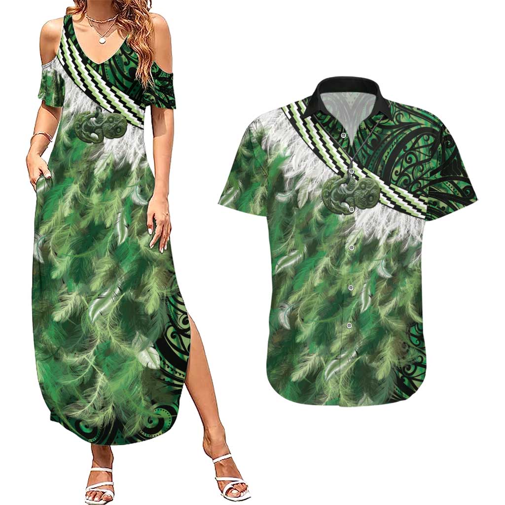 Green Traditional Cloak Aotearoa Couples Matching Summer Maxi Dress and Hawaiian Shirt Maori Paua Shell Korowai Pattern