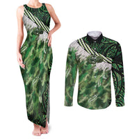 Green Traditional Cloak Aotearoa Couples Matching Tank Maxi Dress and Long Sleeve Button Shirt Maori Paua Shell Korowai Pattern