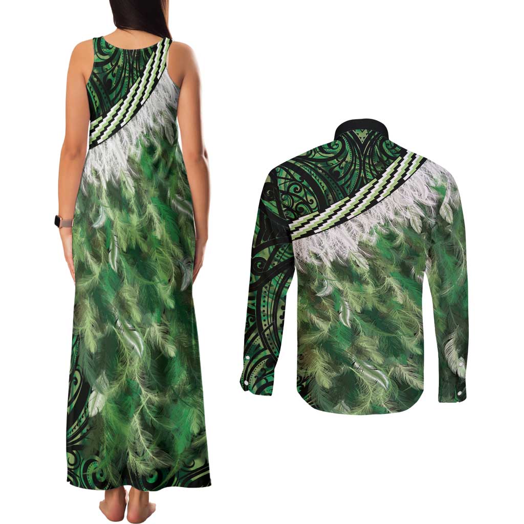 Green Traditional Cloak Aotearoa Couples Matching Tank Maxi Dress and Long Sleeve Button Shirt Maori Paua Shell Korowai Pattern