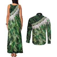 Green Traditional Cloak Aotearoa Couples Matching Tank Maxi Dress and Long Sleeve Button Shirt Maori Paua Shell Korowai Pattern