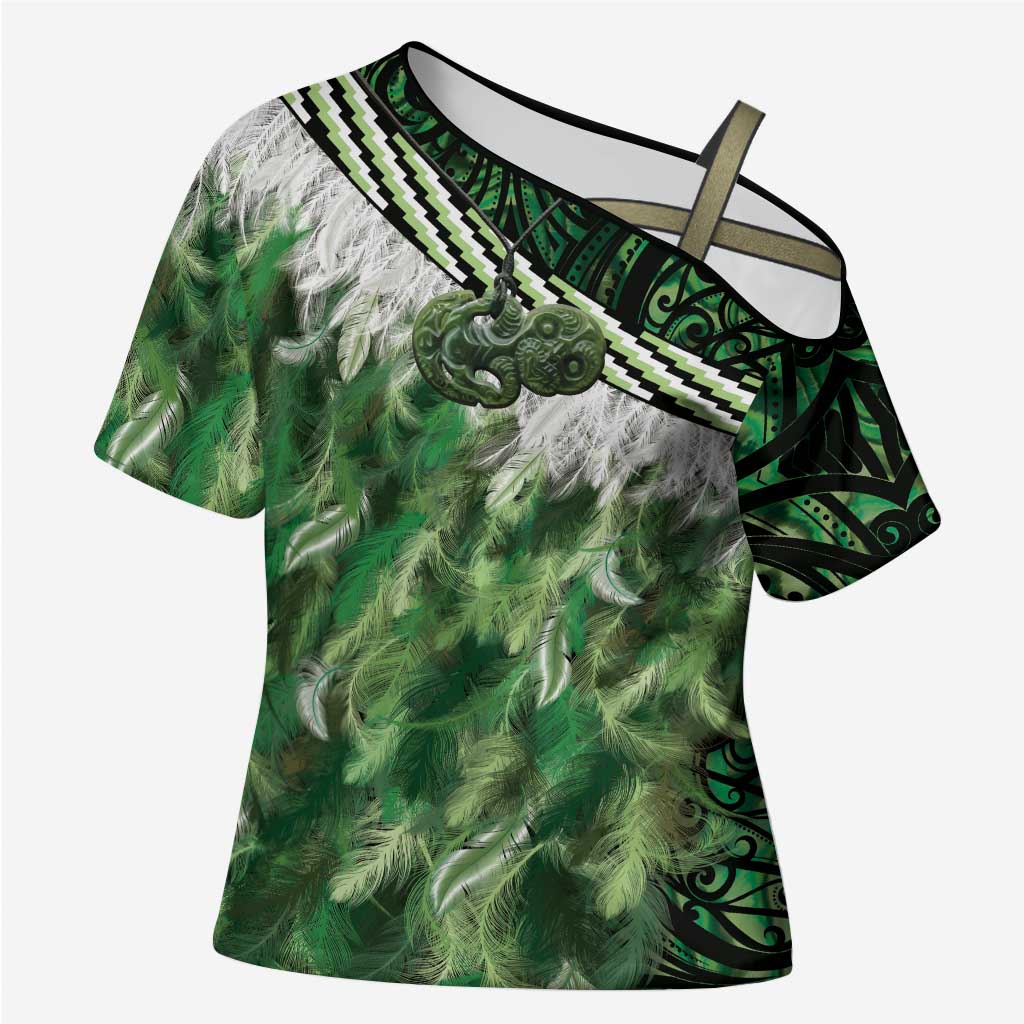 Green Traditional Cloak Aotearoa Cross Shoulder Shirt Maori Paua Shell Korowai Pattern LT14 Female Green - Polynesian Pride