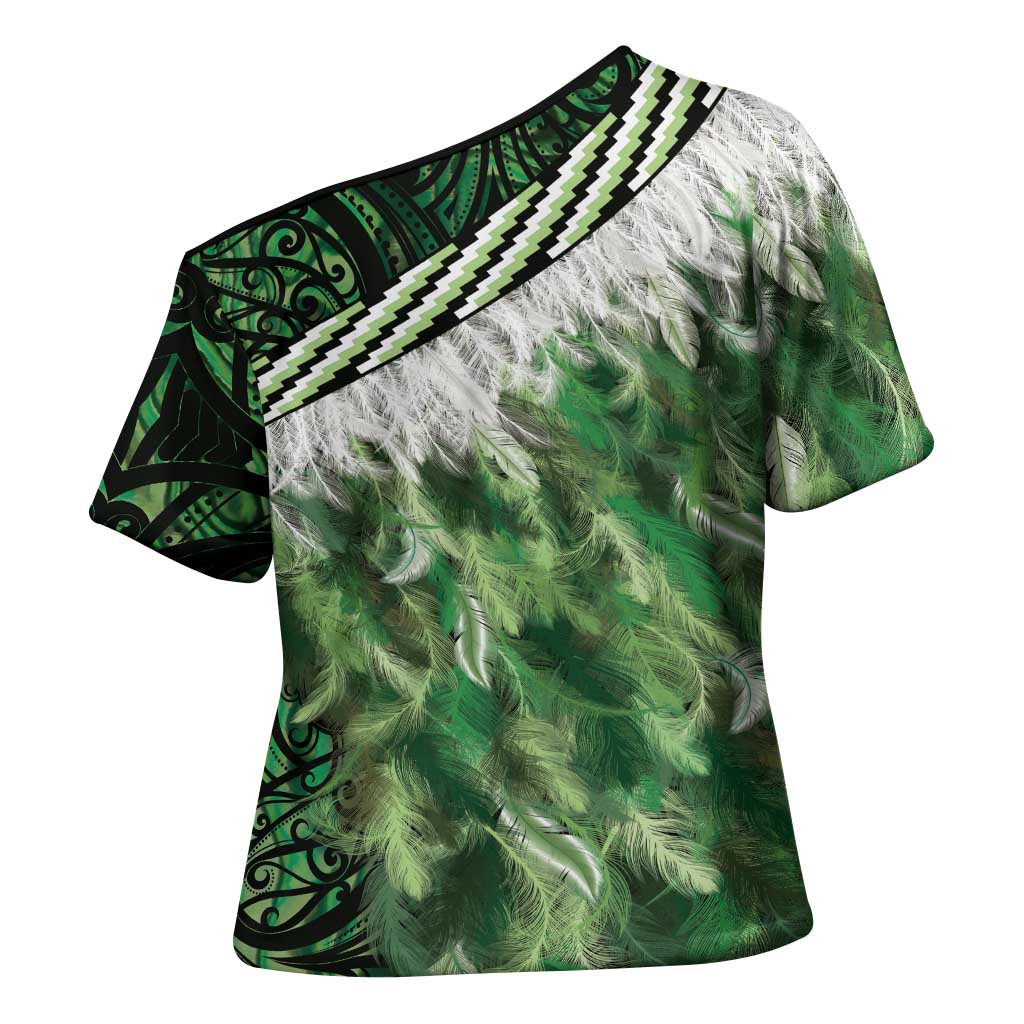 Green Traditional Cloak Aotearoa Cross Shoulder Shirt Maori Paua Shell Korowai Pattern LT14 - Polynesian Pride